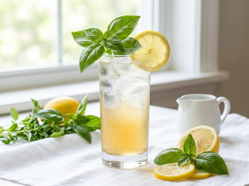 A tall glass of pale golden basil lemon cordial topped with sparkling water and ice, garnished with fresh basil sprig and lemon slice, condensation on the glass