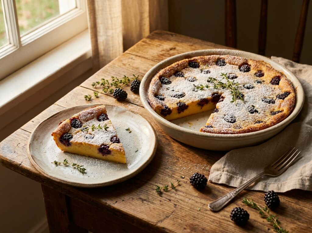 A golden baked clafoutis in a ceramic dish, studded with dark blackberries and flecks of thyme, dusted with powdered sugar, one slice served on a plate.
