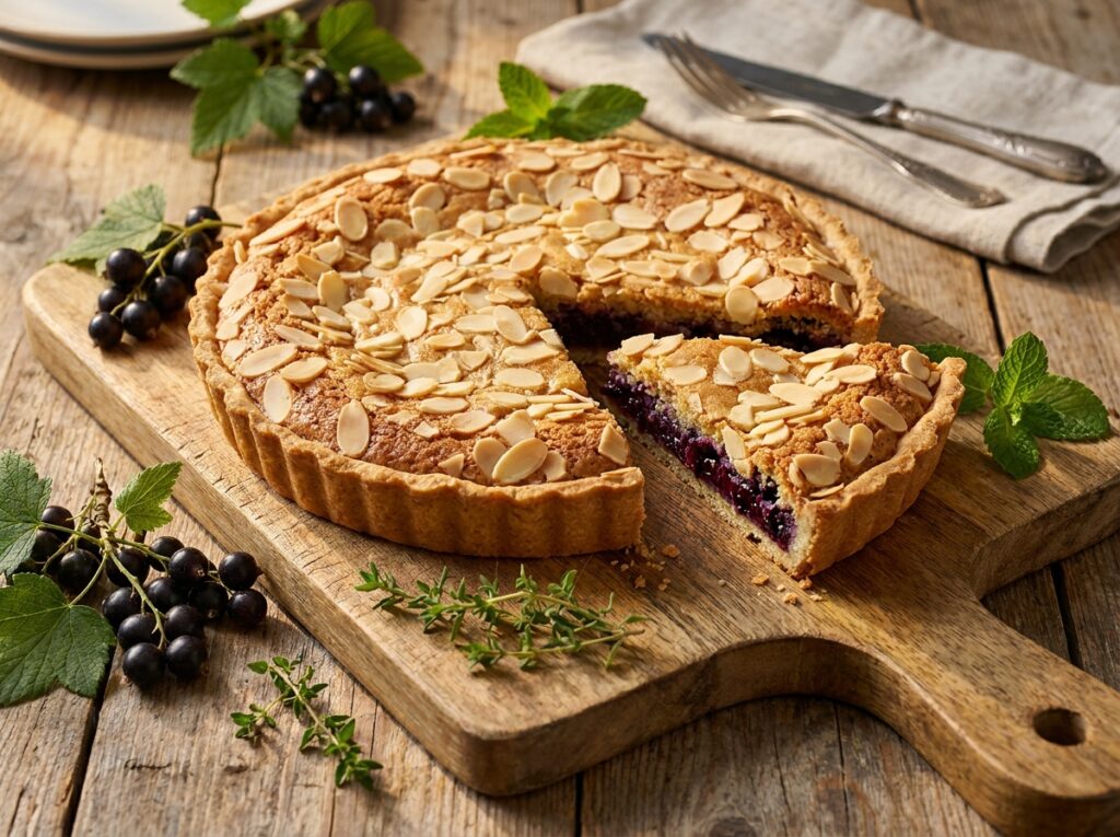 A golden almond frangipane tart with dark blackcurrant filling visible at a cut slice, scattered flaked almonds on top, on a rustic wooden board with fresh currants