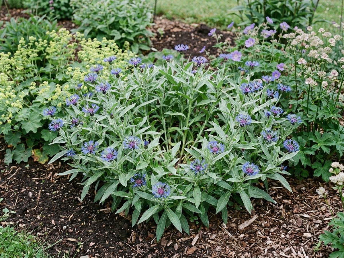 Centaurea montana growing in a garden border