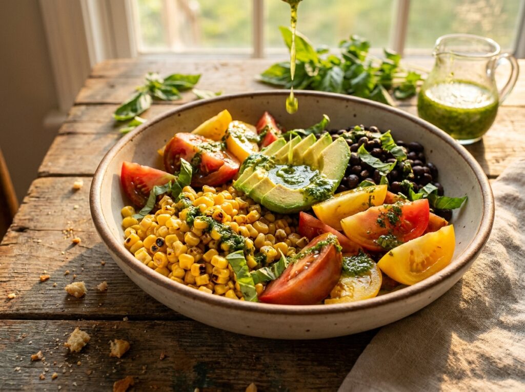 A wide bowl of charred golden corn, red and yellow tomato wedges, sliced avocado, black beans, and torn basil leaves, drizzled with bright green dressing