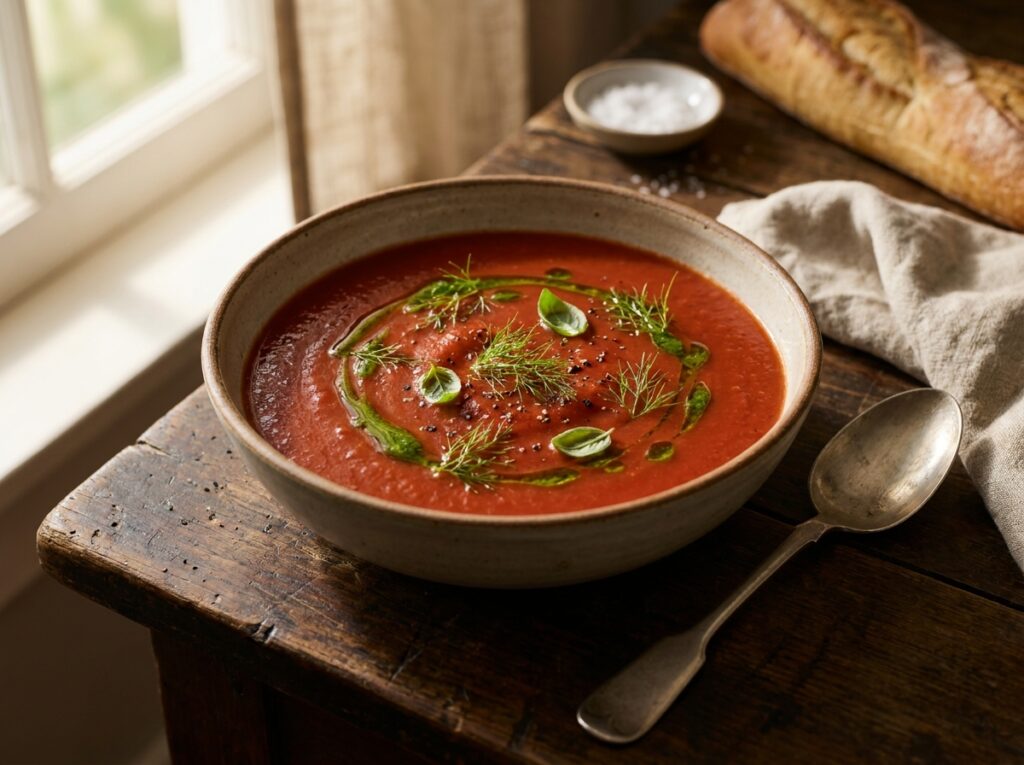 A bowl of smooth deep-red chilled tomato soup swirled with bright green basil oil, garnished with feathery fennel fronds, beside a spoon