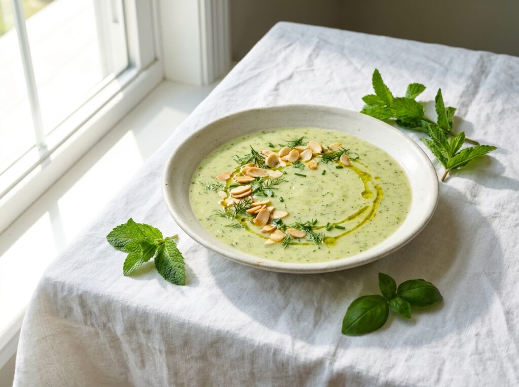 A pale green chilled zucchini soup in a shallow bowl, topped with golden toasted almonds and chopped green herbs, with a drizzle of olive oil catching the light.