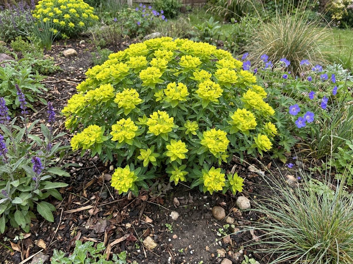 Euphorbia polychroma growing in a garden border