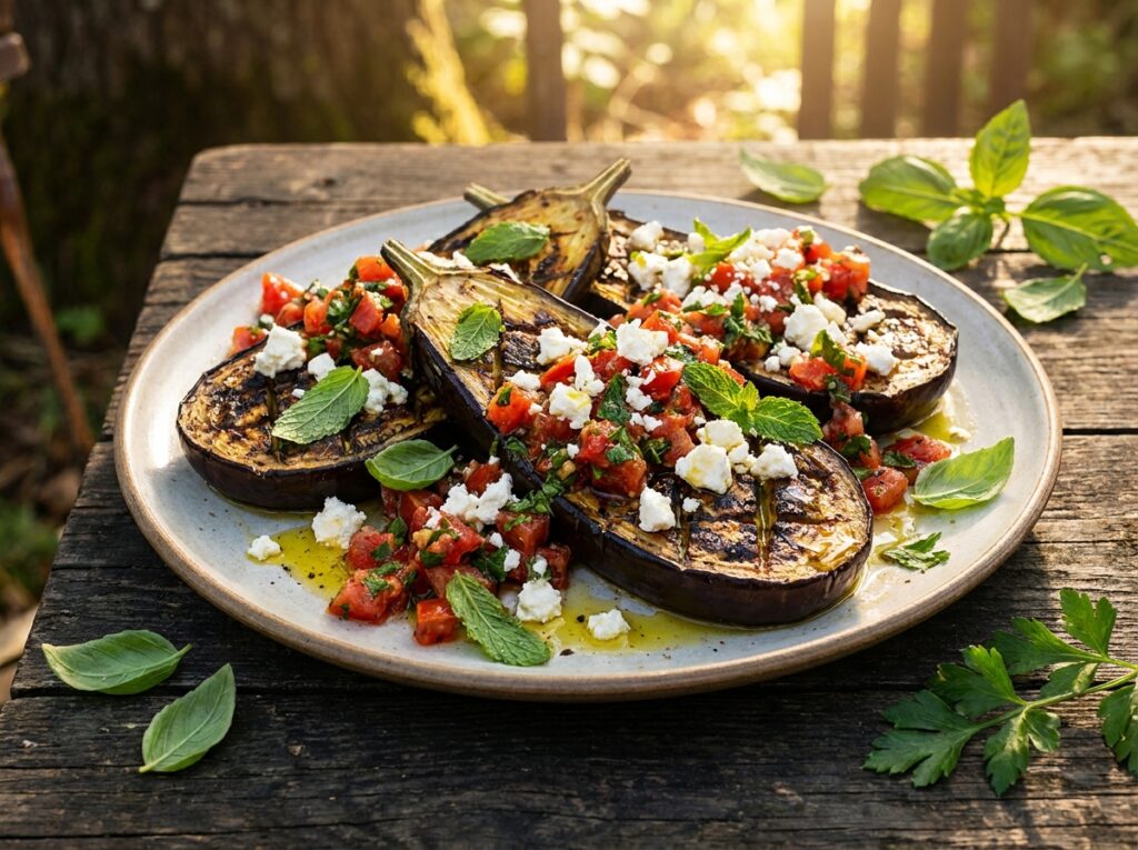 Thick charred aubergine steaks on a platter topped with vibrant red tomato and green herb salsa, crumbled white feta, drizzled olive oil, grill marks visible.