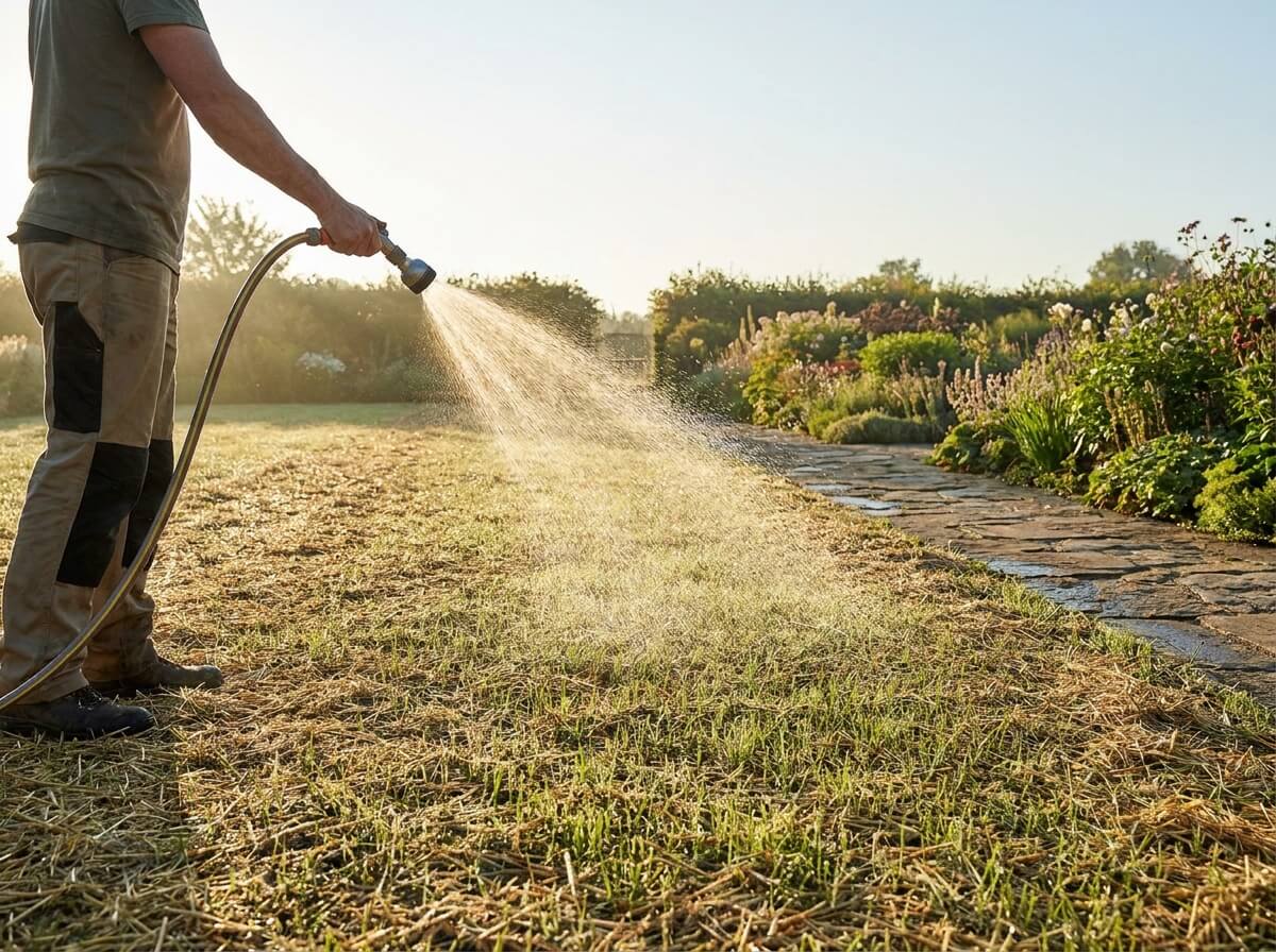 Gardener watering newly seeded lawn with fine spray in early morning light