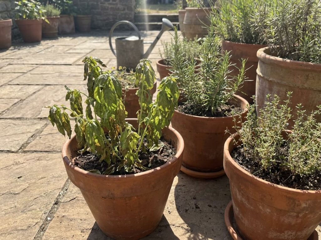 Terracotta pots of basil, rosemary, and thyme on a sun-drenched summer patio