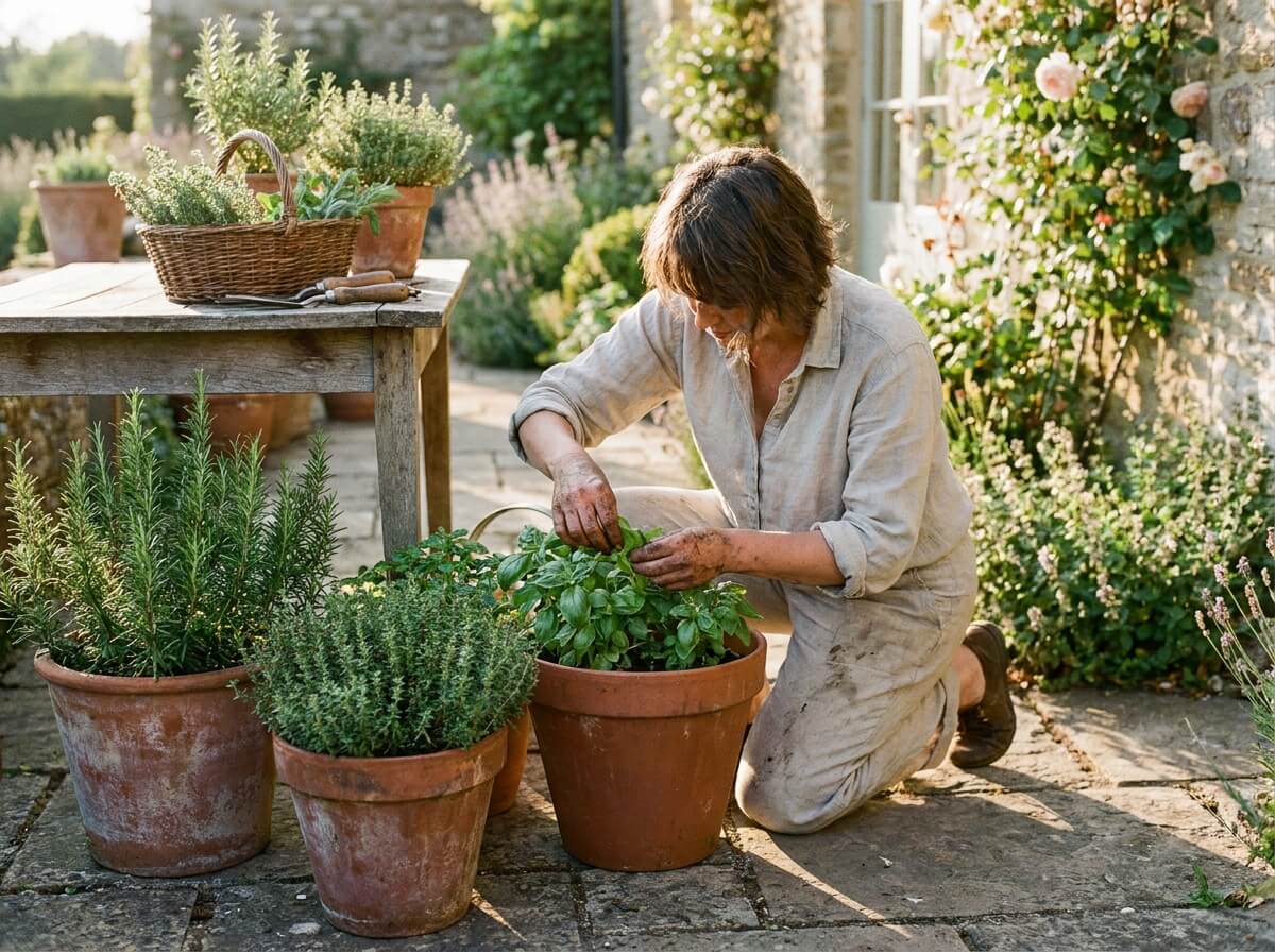 Gardener harvesting fresh basil leaves from a large pot in bright afternoon sunlight