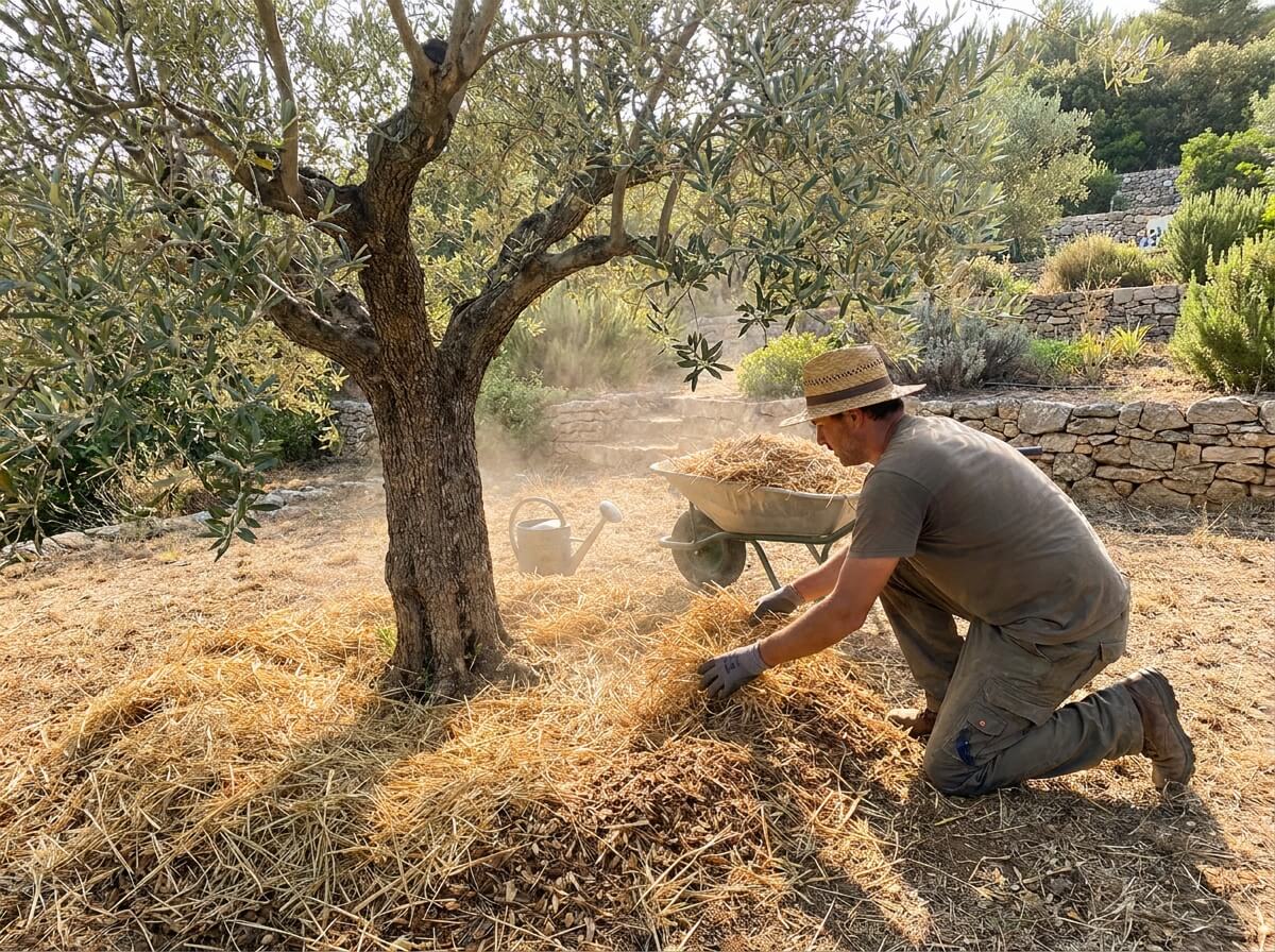 Gardener applying thick mulch layer around the base of an olive tree in summer heat
