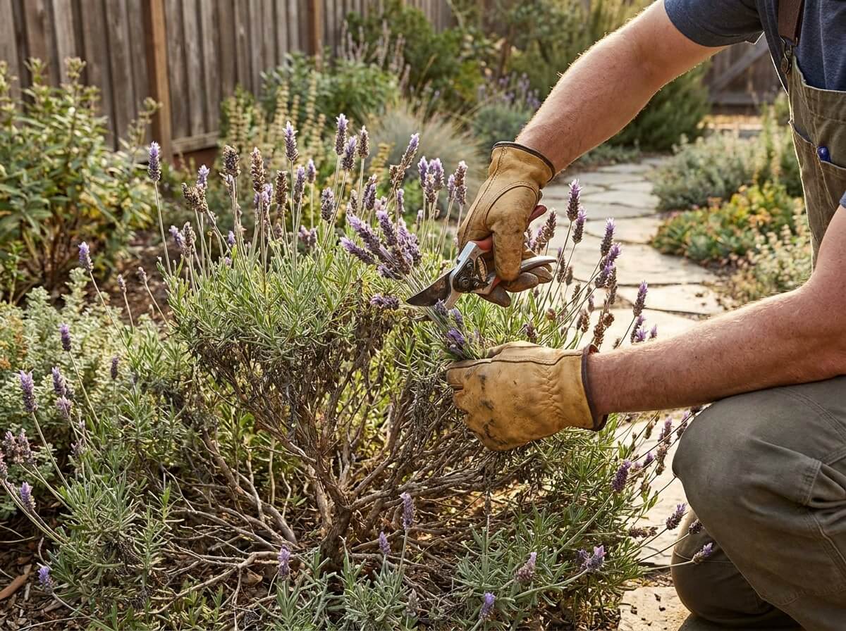 Gardener trimming spent lavender flower stems with secateurs in a sunny garden