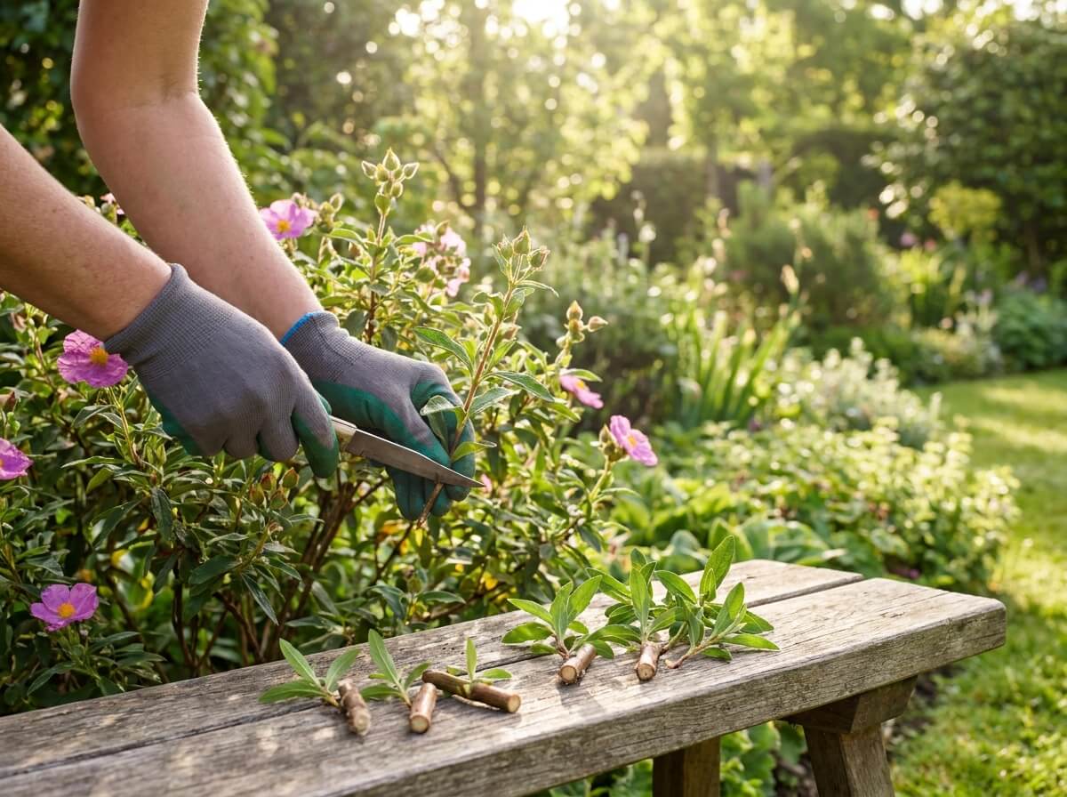 Gardener taking softwood heel cuttings from a cistus shrub on a bright summer morning