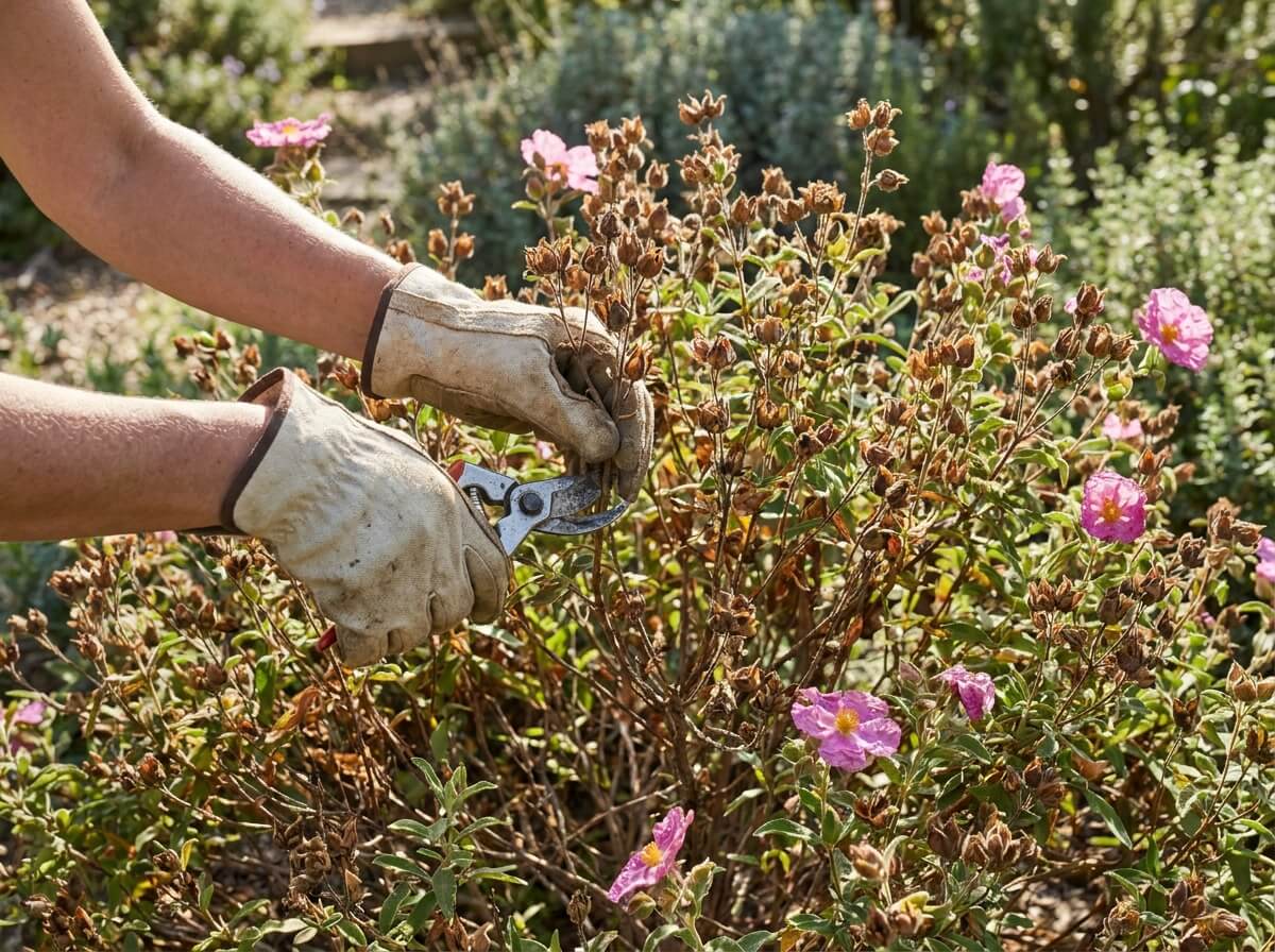 Gardener lightly trimming spent cistus stems with secateurs after the first summer flush