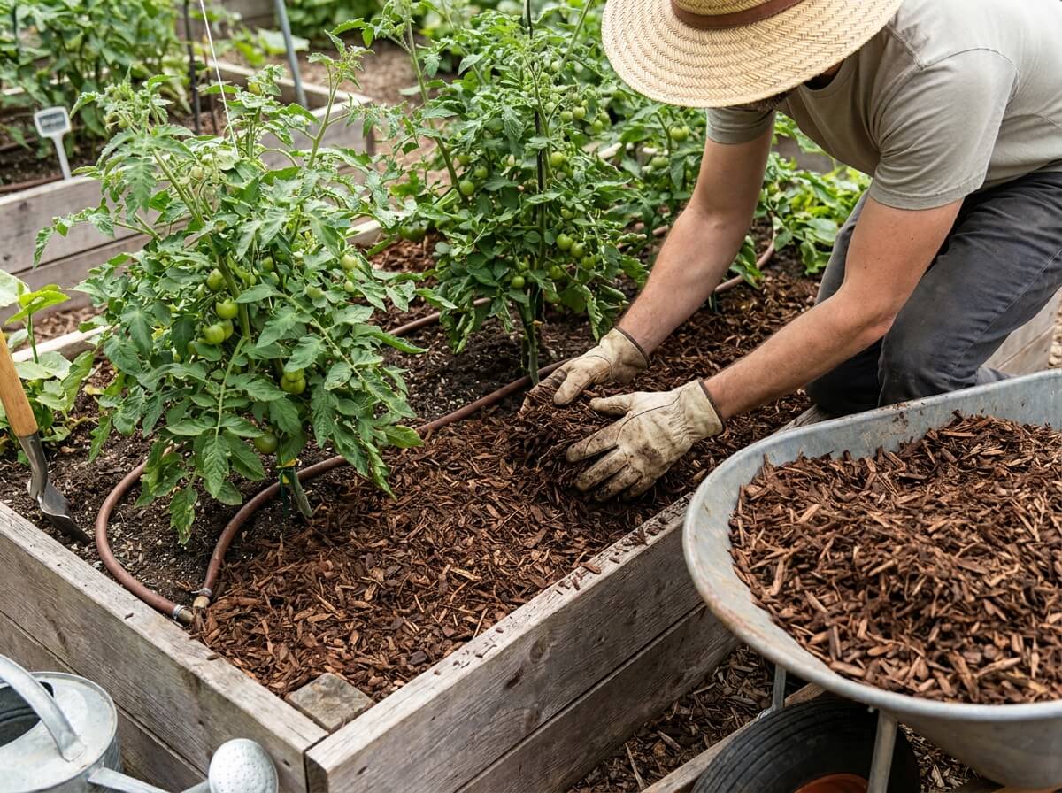 Gardener applying thick mulch layer around the base of tomato plants in raised bed
