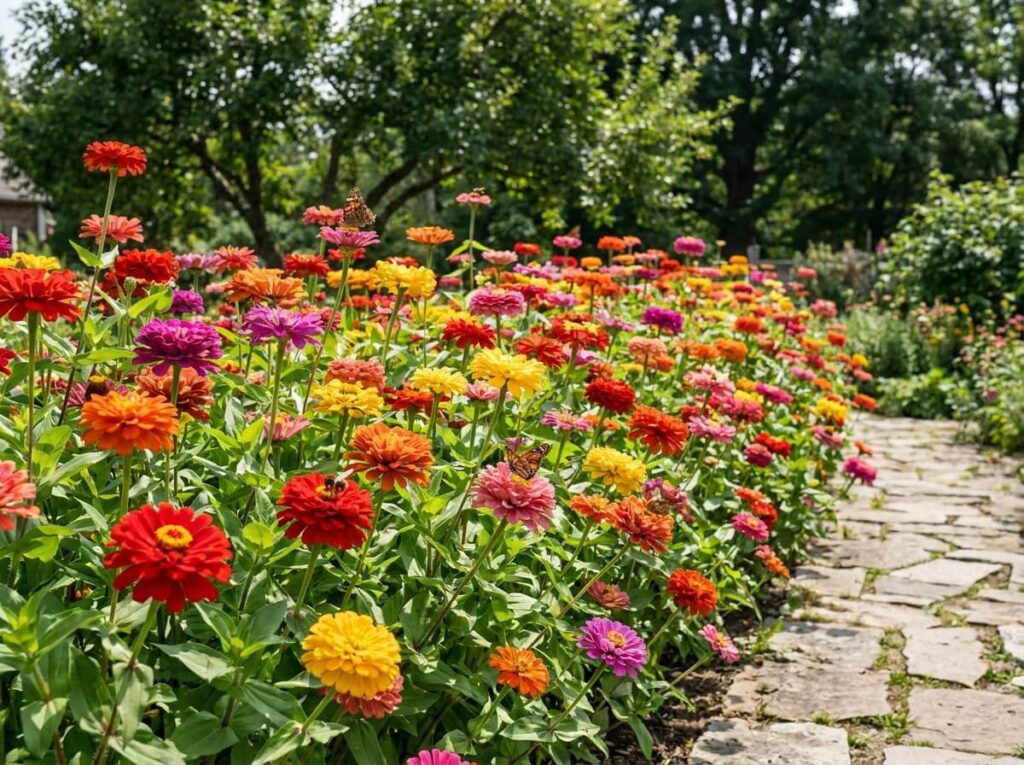 Vibrant mixed zinnia flowers in full summer bloom in a sunny garden border