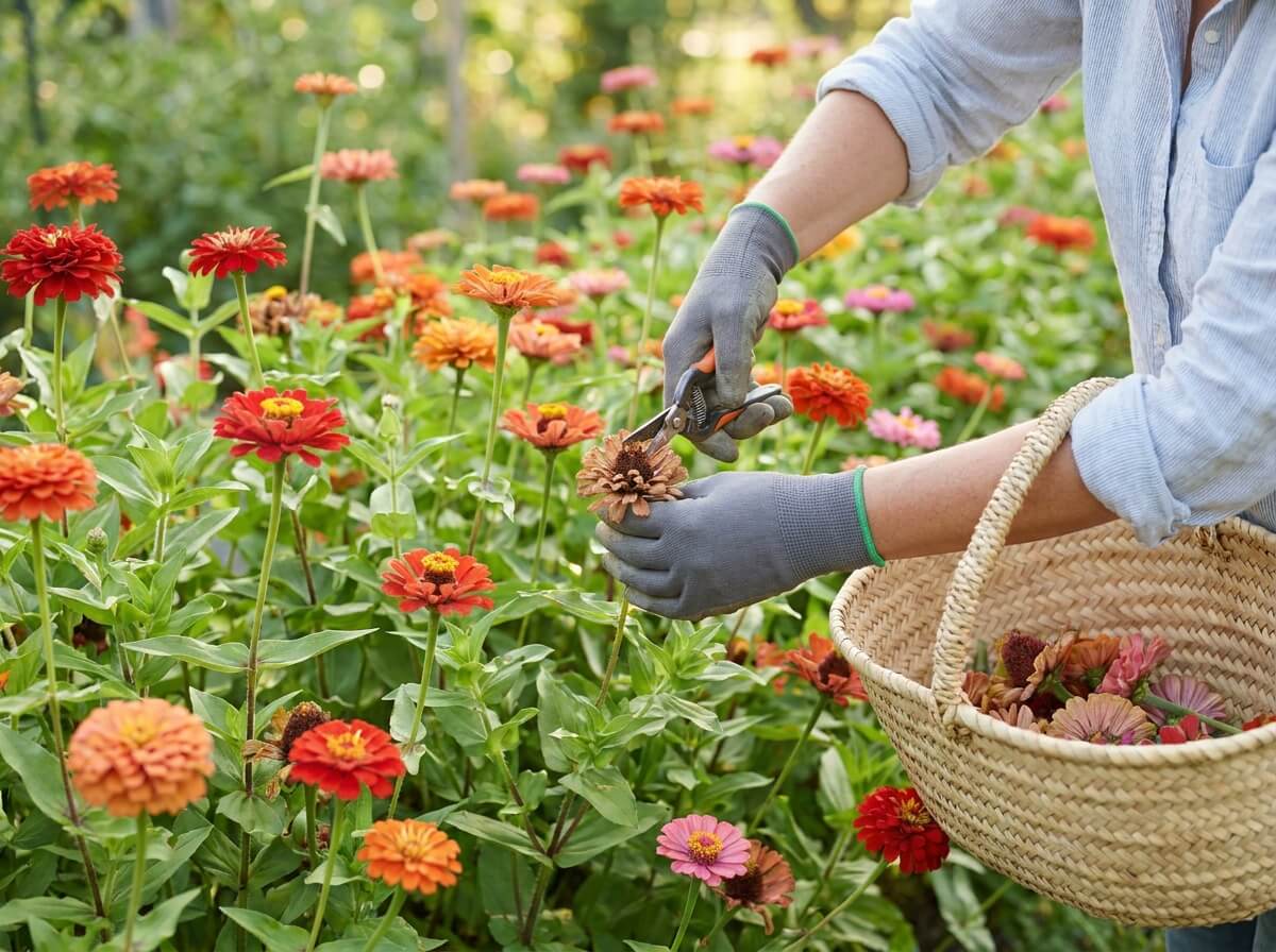 Gardener deadheading spent zinnia flowers with scissors in summer garden