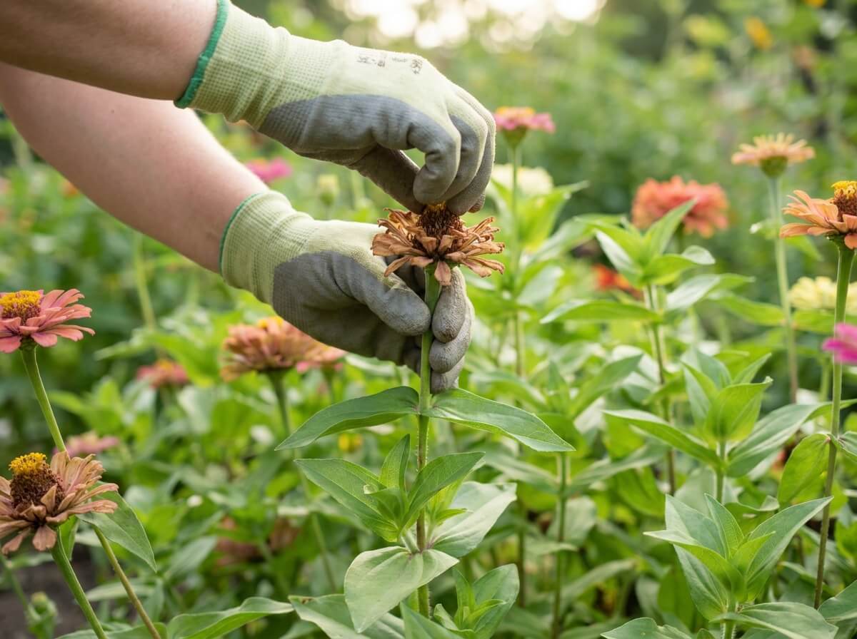 Gardener pinching off spent zinnia blooms correctly at the stem node