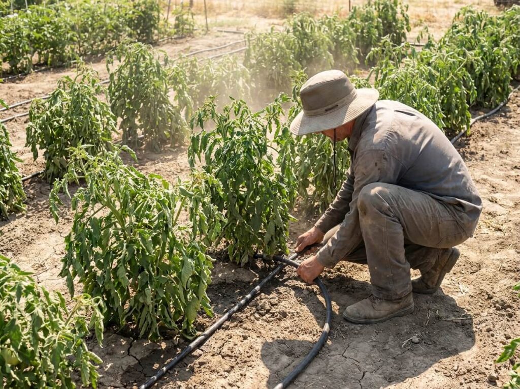 Gardener using a soaker hose at the base of tomato plants on a hot summer day