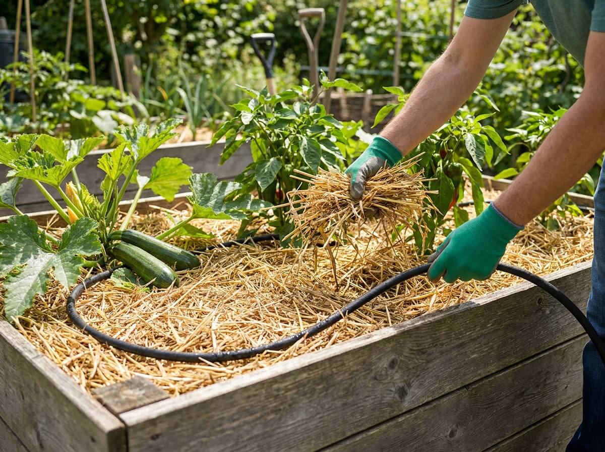Thick straw mulch layer applied around courgette and pepper plants in a raised vegetable bed