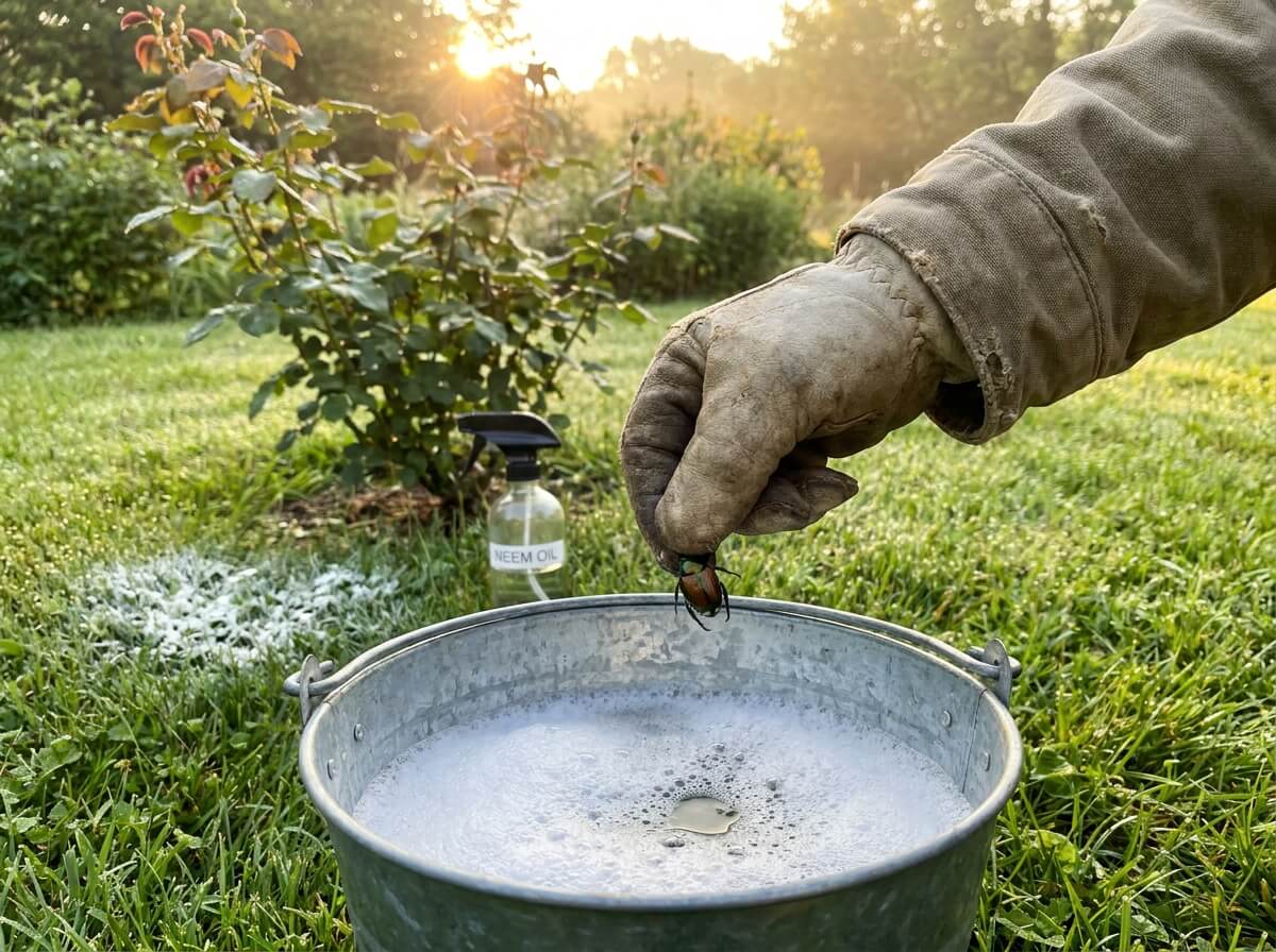 Gardener hand-picking Japanese beetles into soapy water bucket at dawn