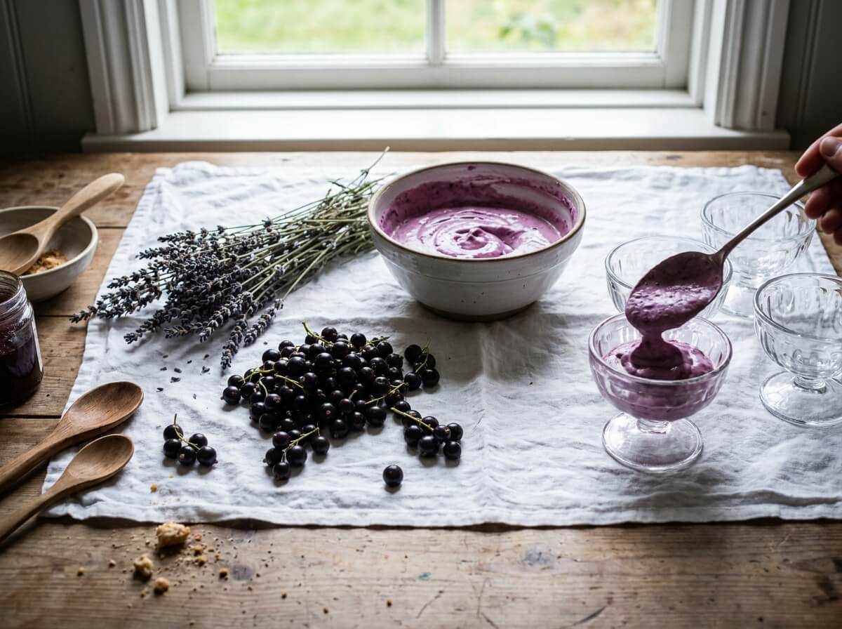 Fresh blackcurrants and harvested lavender stems laid together on a white linen cloth