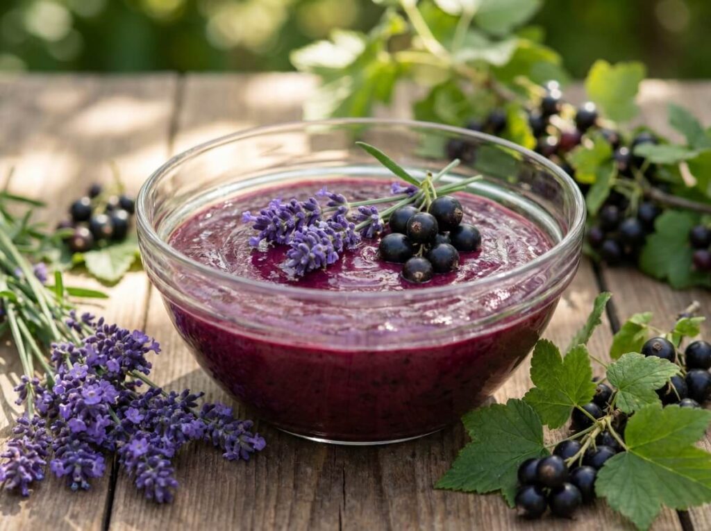 Deep purple blackcurrant and lavender fool served in a glass bowl with fresh lavender sprigs