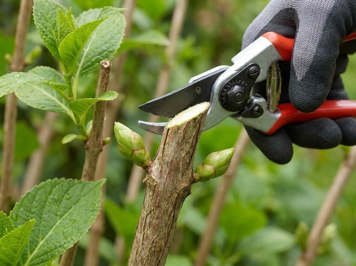 Close-up of hydrangea stem cut just above a healthy leaf node showing correct deadheading technique