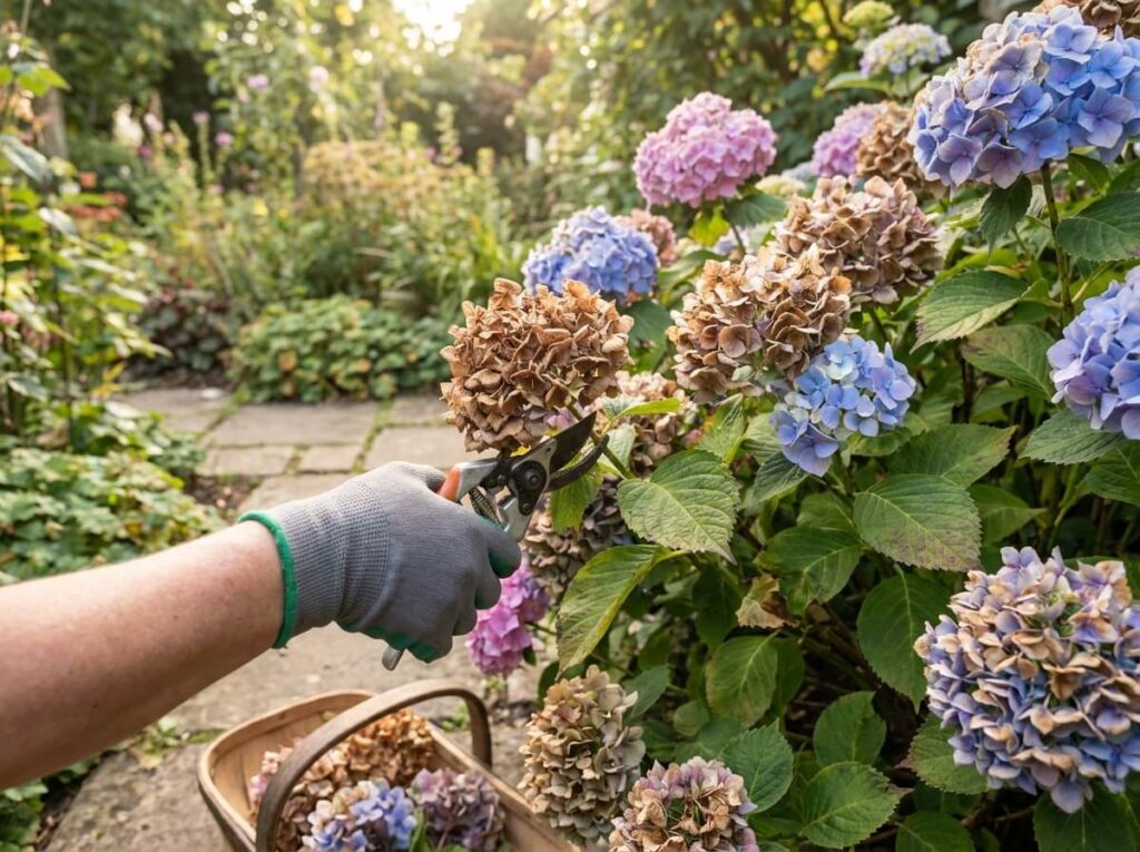 Gardener deadheading faded hydrangea mophead blooms with sharp secateurs in summer garden