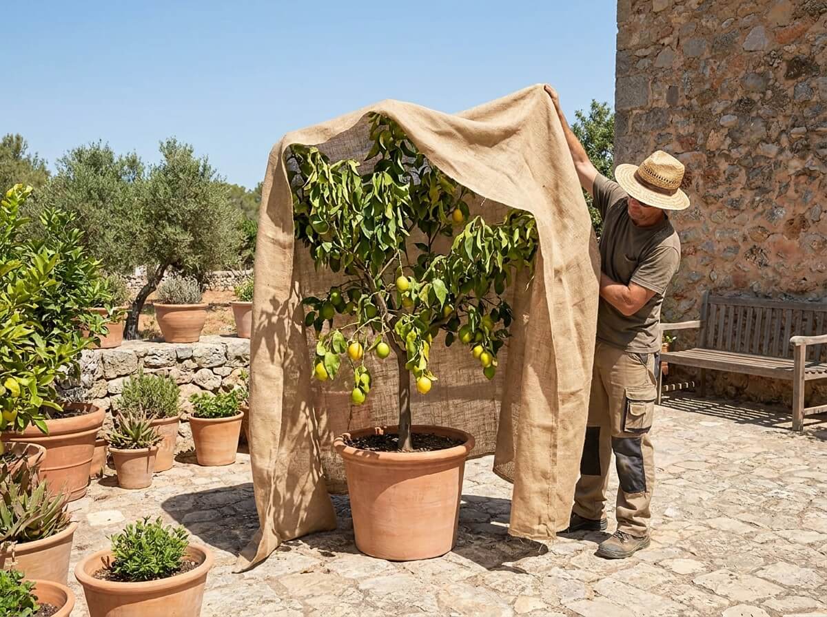 Gardener shading a potted citrus tree with a cloth screen on a sunny terrace