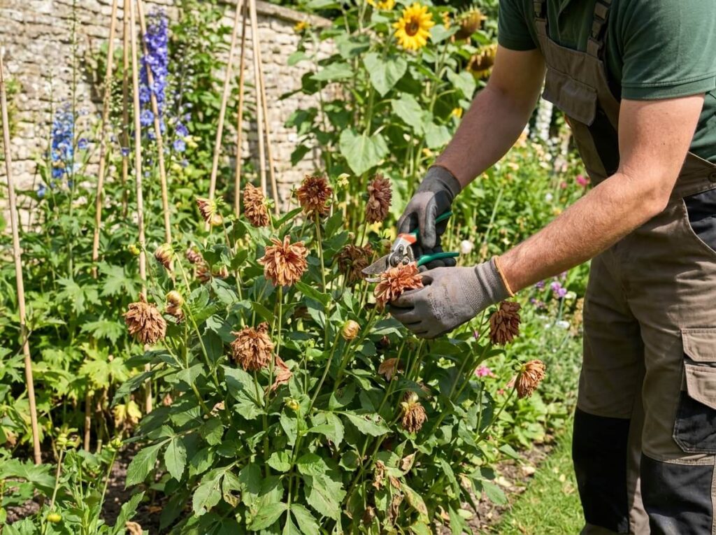 Gardener deadheading spent dahlia blooms in a summer border with tall staked plants behind