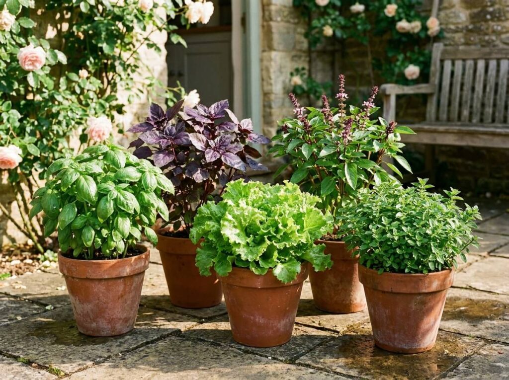 Five varieties of basil growing in terracotta pots on a sunny summer patio, leaves glistening in afternoon light