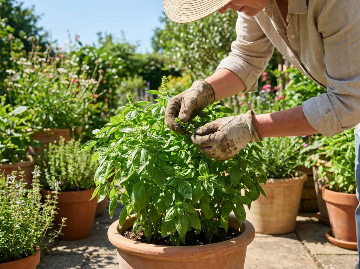 Gardener pinching basil flower buds from a lush container plant in bright summer sunshine