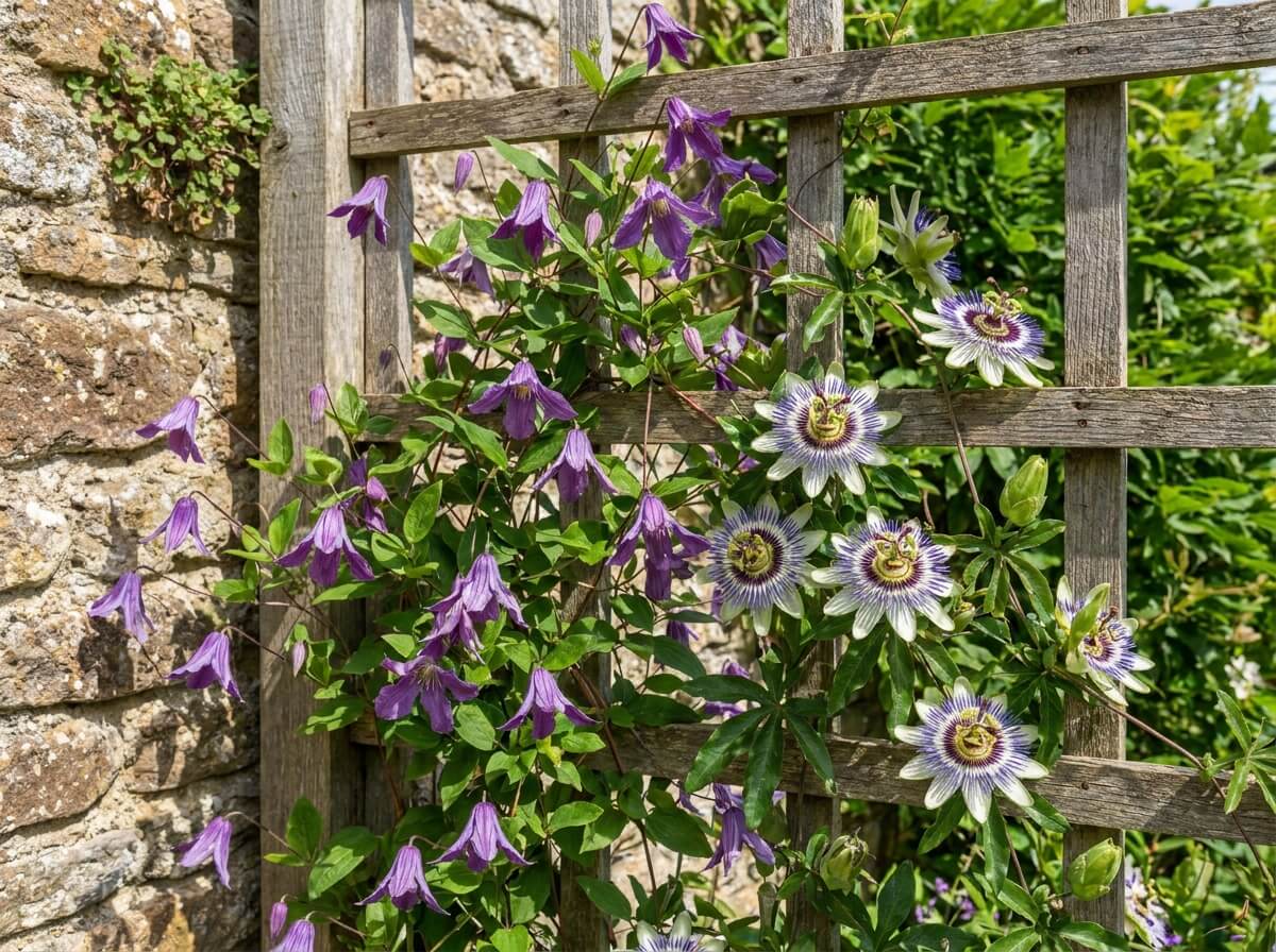 Clematis viticella climbing alongside passion flower on a wooden trellis in summer garden