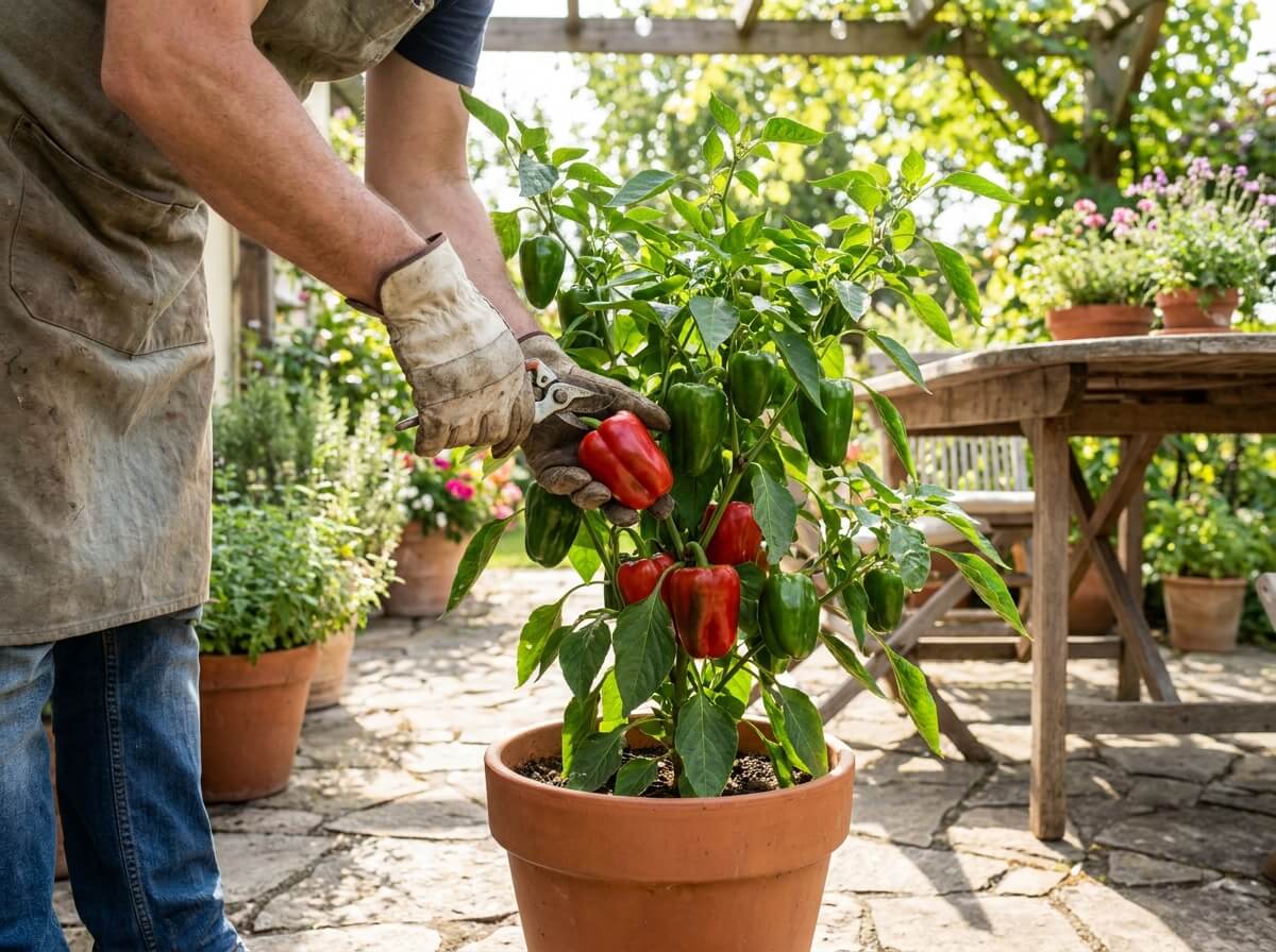 Gardener using secateurs to cut a mature pepper from a container-grown plant on a sunny patio