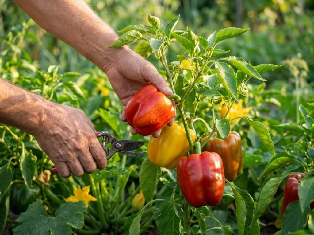 Hands harvesting ripe red and yellow bell peppers from a lush summer garden plant