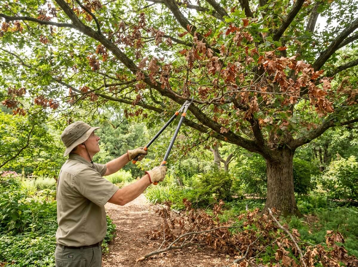 Gardener pruning dead branches from a large shade tree affected by bacterial leaf scorch