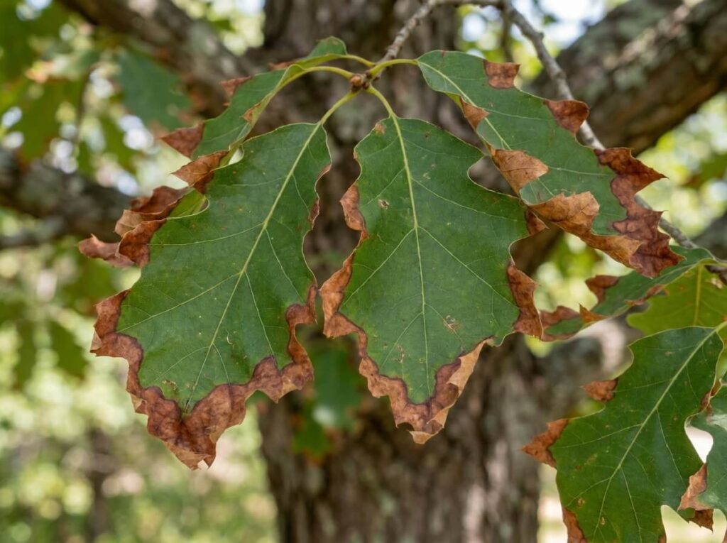 Close-up of oak tree leaves with brown scorched edges caused by bacterial leaf scorch disease