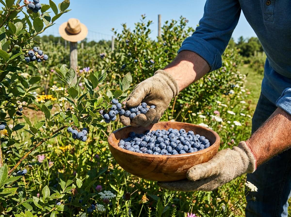 Gardener harvesting ripe blueberries into a wooden bowl in a sunny summer garden