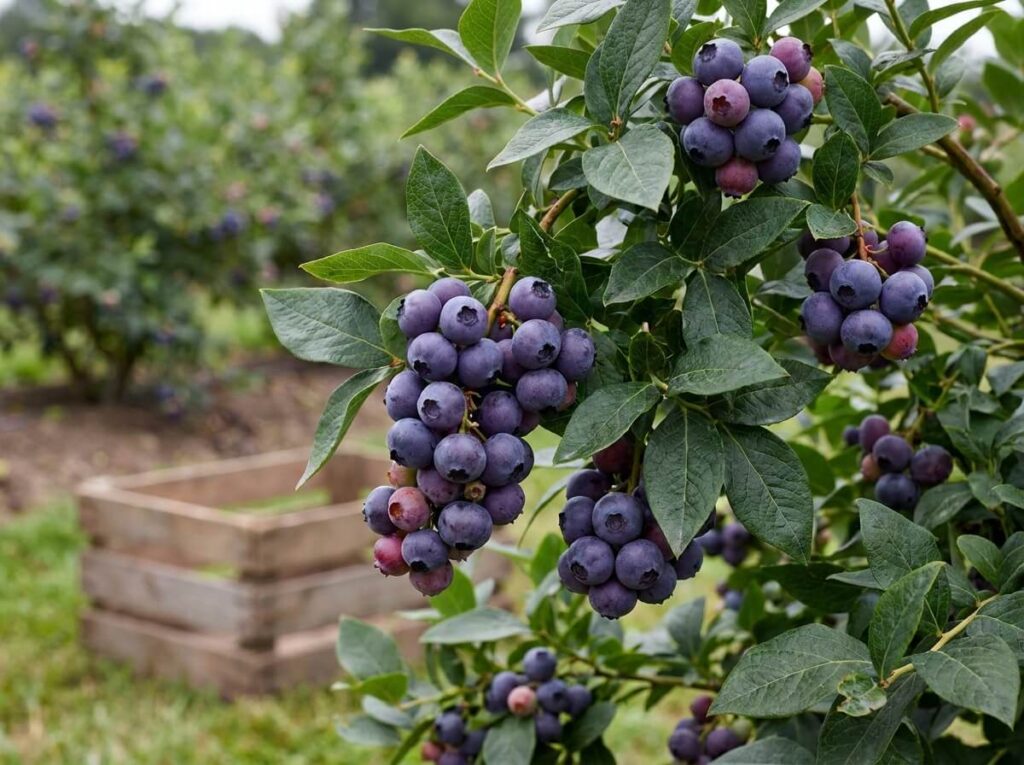 Clusters of ripe blueberries hanging in deep purple abundance on a green leafed bush