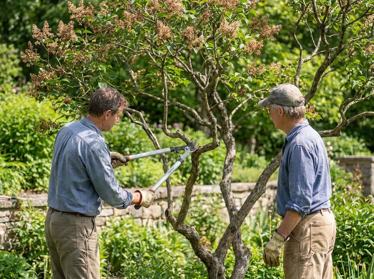 Gardener pruning Japanese tree lilac branches with loppers after summer flowering