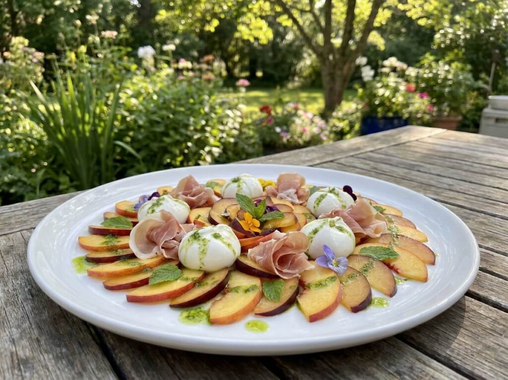 Sliced summer stone fruit carpaccio arranged with burrata, prosciutto and fresh mint oil on a white platter