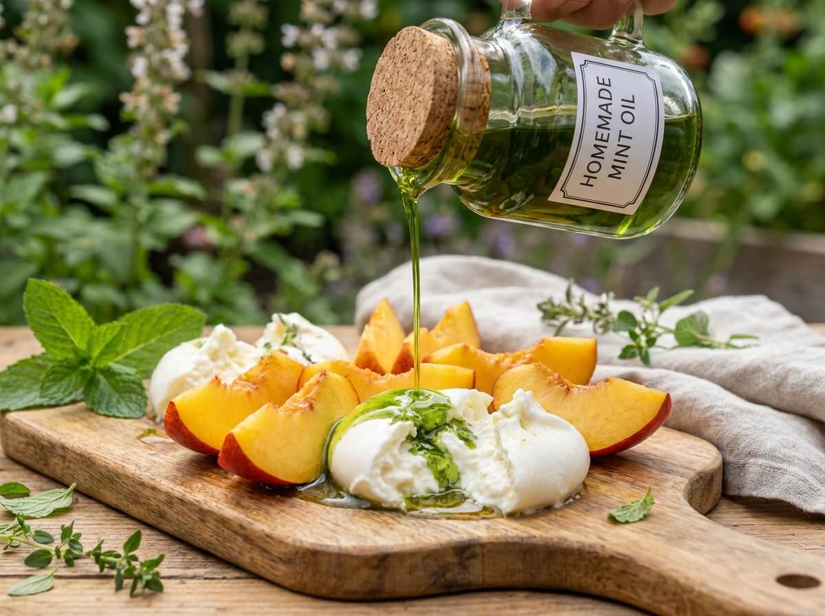 Close-up of mint oil being drizzled over ripe nectarine slices and torn burrata on a serving board
