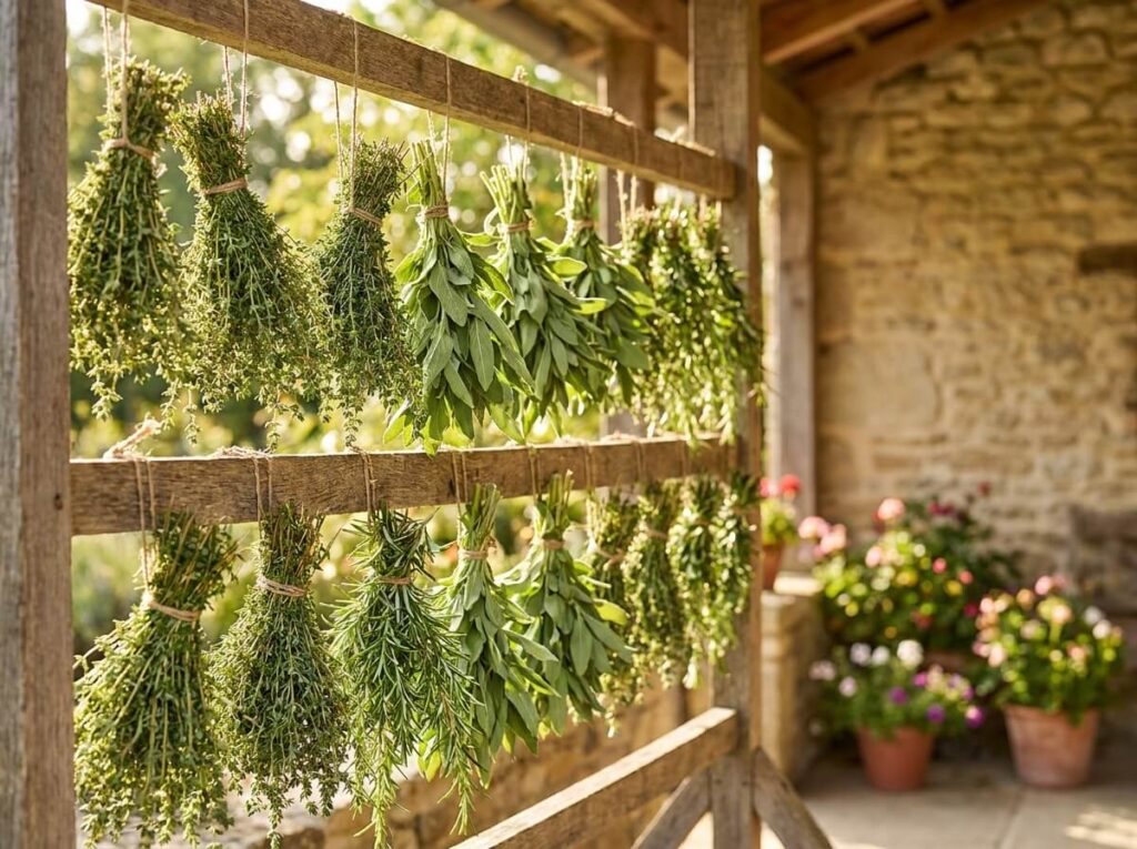 Bundles of freshly harvested summer herbs hanging to dry in warm sunlight on a wooden rack
