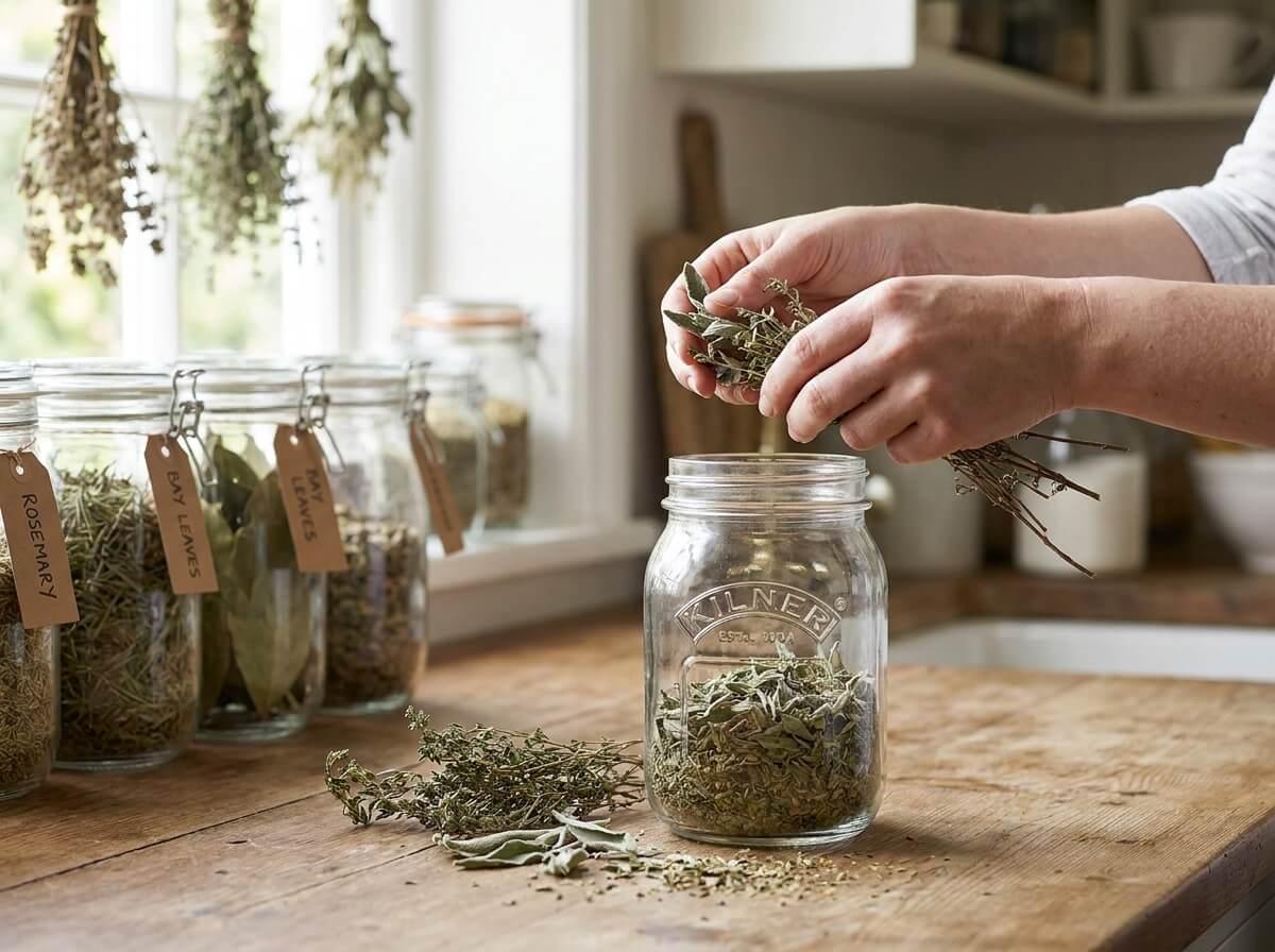 Close-up of dried herb leaves being crumbled from stems into a glass storage jar