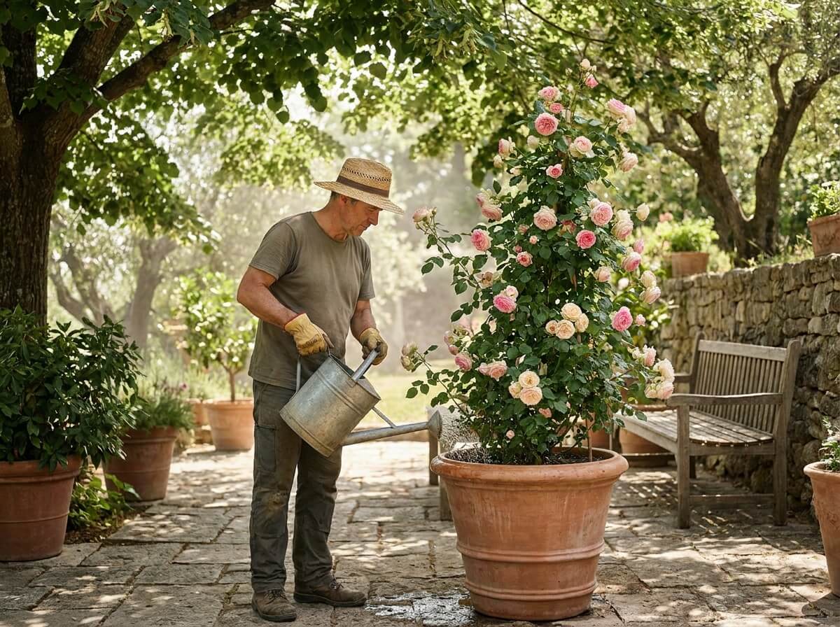 Gardener watering a large container rose in shade on a hot afternoon