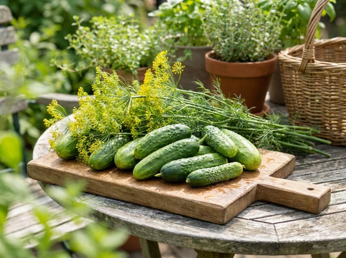 Freshly harvested garden cucumbers and dill on a wooden chopping board in summer