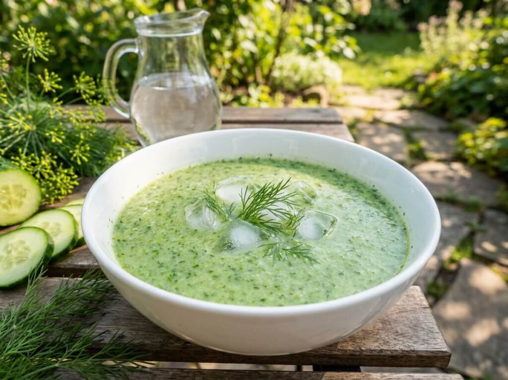 Chilled cucumber and dill gazpacho served in a white bowl with ice and fresh dill garnish