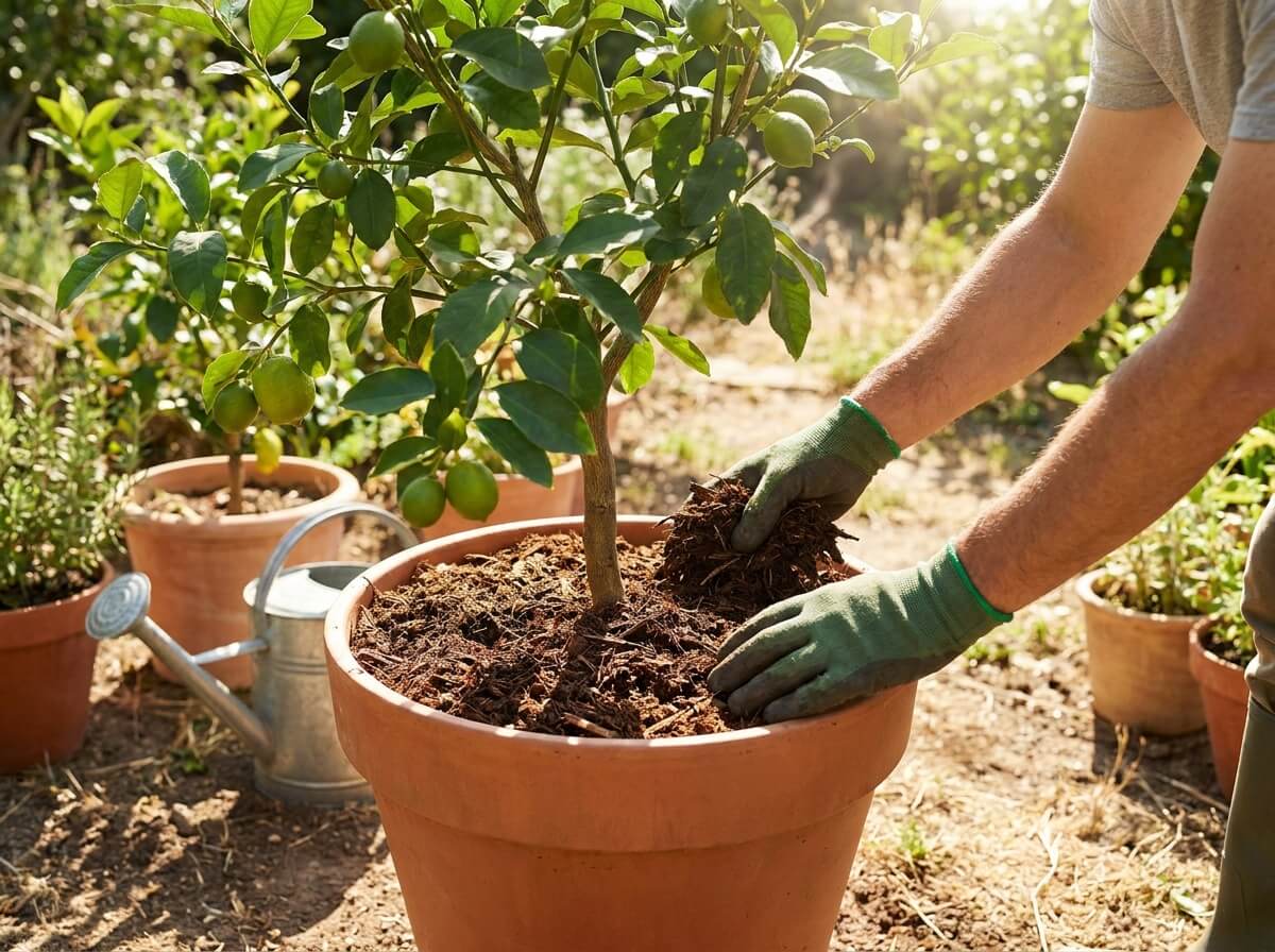 Gardener applying mulch around the base of a potted citrus tree in summer heat
