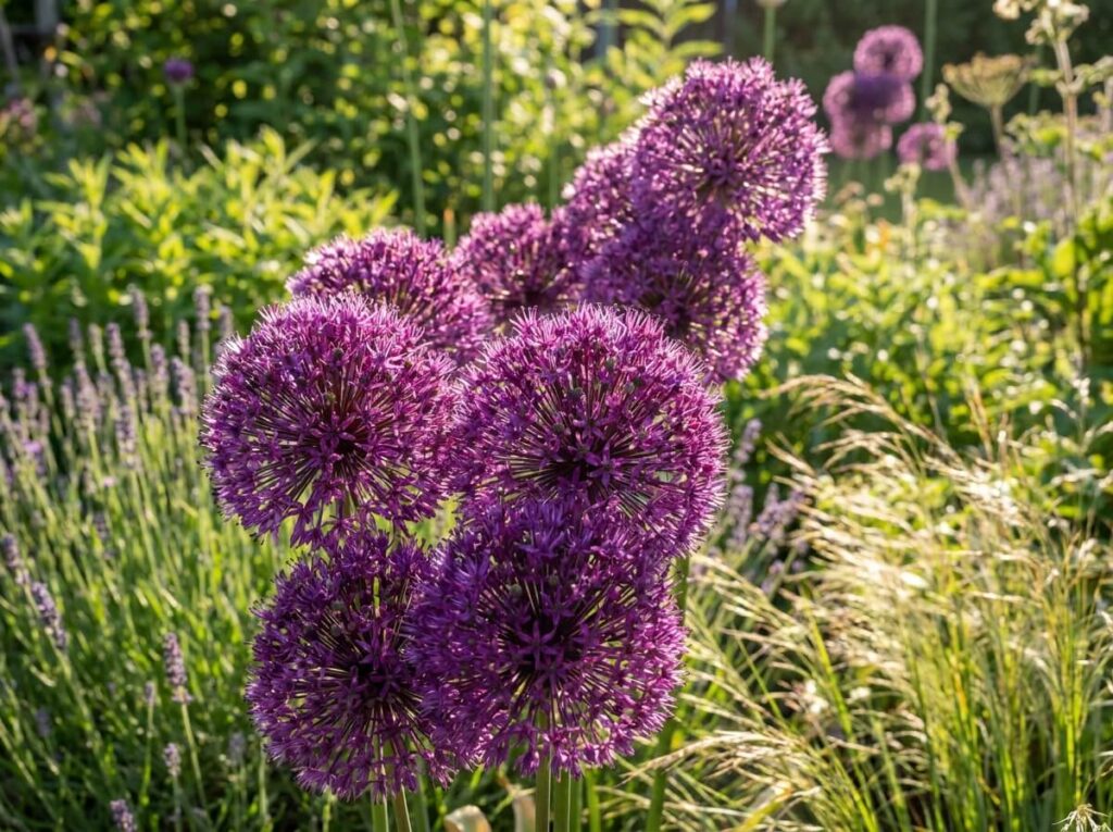 Close-up of Allium Gladiator purple spherical flower heads blooming in a sunny summer garden border
