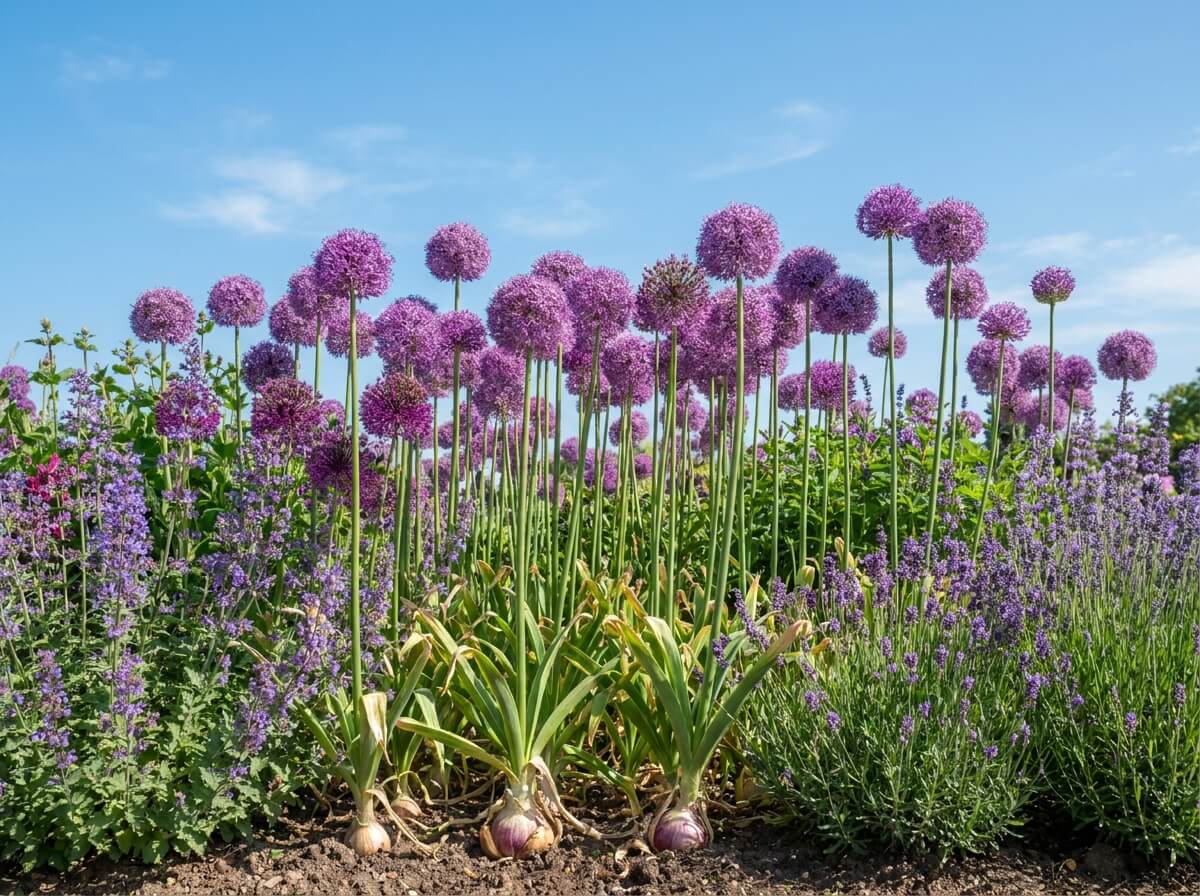 Mass planting of tall allium stems with purple globe flowers against a blue summer sky