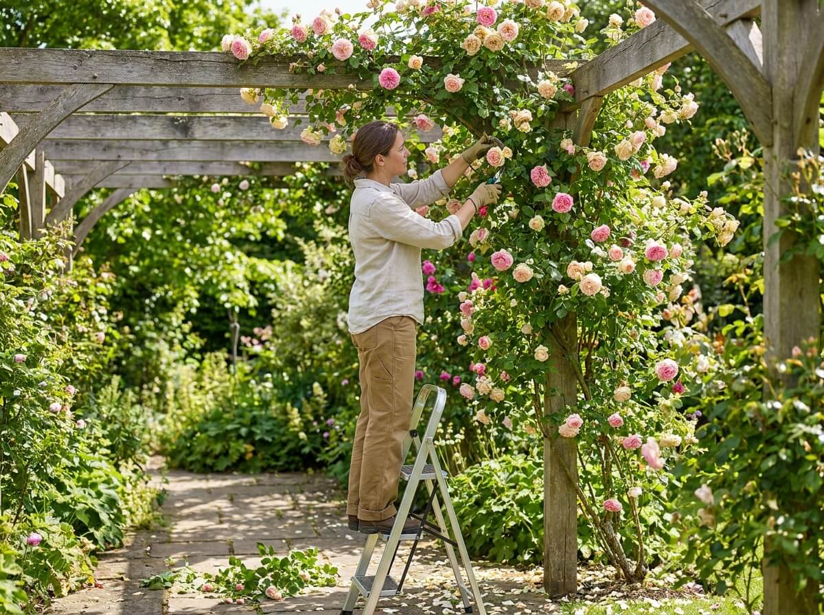 Gardener deadheading and pruning a climbing rose trained along a wooden pergola in summer